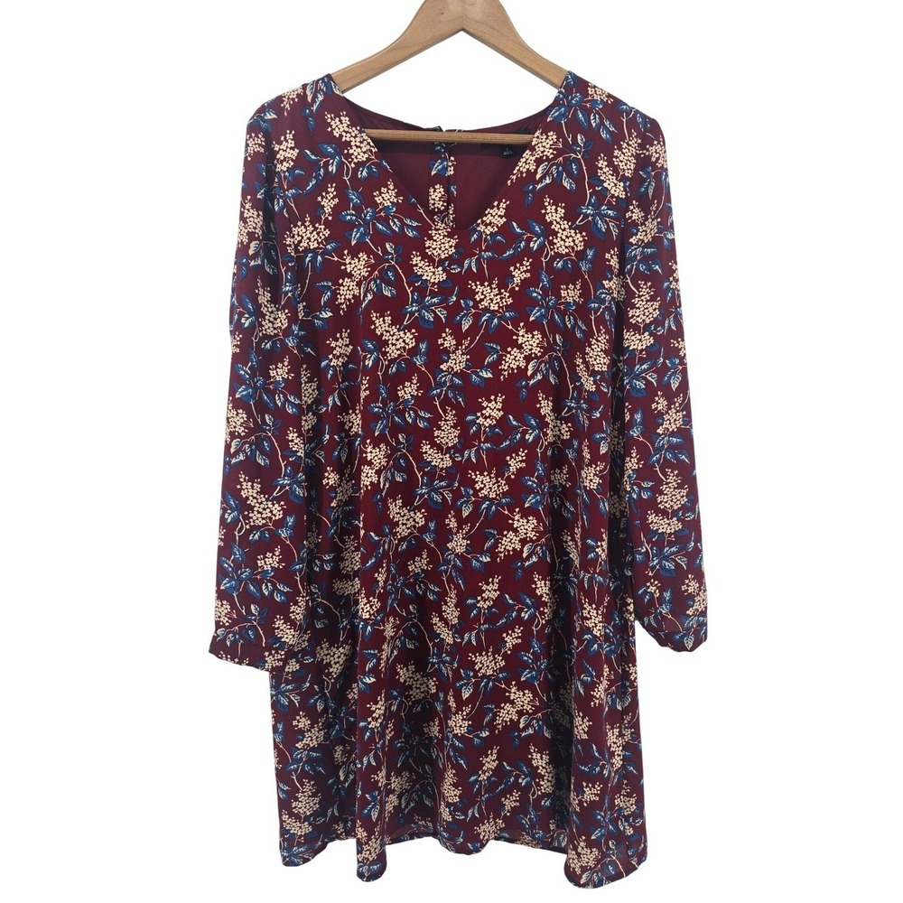 Madewell Shift Dress Womens Small Burgundy Floral Long Sleeve Button Back V-Neck